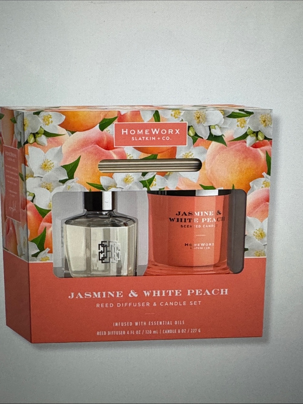 HomeWorx Jasmine & White Peach Reed Diffuser & Candle Set